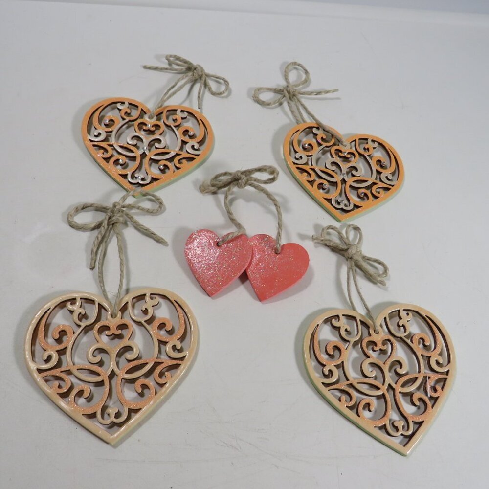 Peach (4) Wood Laser Cut Hearts and a double heart
